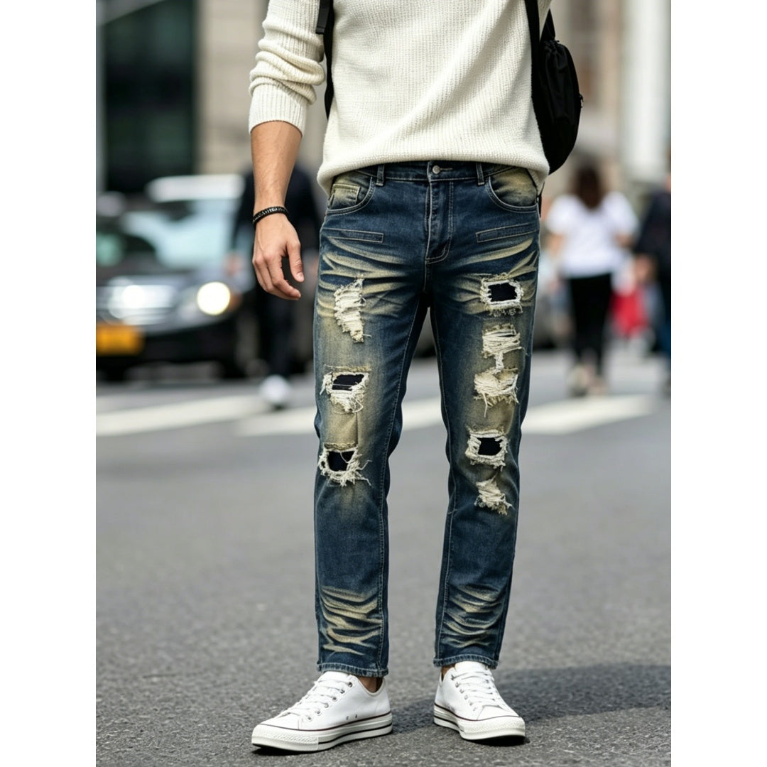 Plus Size Stacked Jeans Men Heavy Ripped Vintage Blue Denim Pants Big And Tall Streetwear US Stock