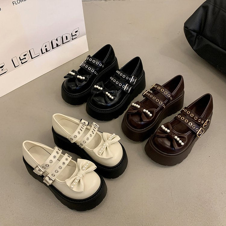 Sponge Cake Single Shoe, Thick Sole, Double Buckle Strap, Small, Shallow Mouth, Bow, Mary Jane Shoes