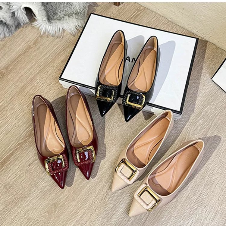 French Pointed Shallow Mouth Single Shoe Women's Versatile Commuting Flat Shoes Nude Color Patent Leather Women's Shoes